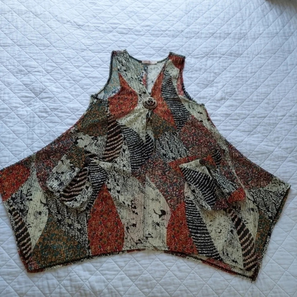 Paradise Asymmetrical Brown Red Orange‎  Turquoise Abstract PrintDuster Cover Up - Picture 8 of 12